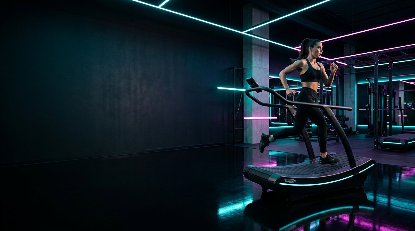 Athlete running on a curved treadmill in a futuristic performance studio