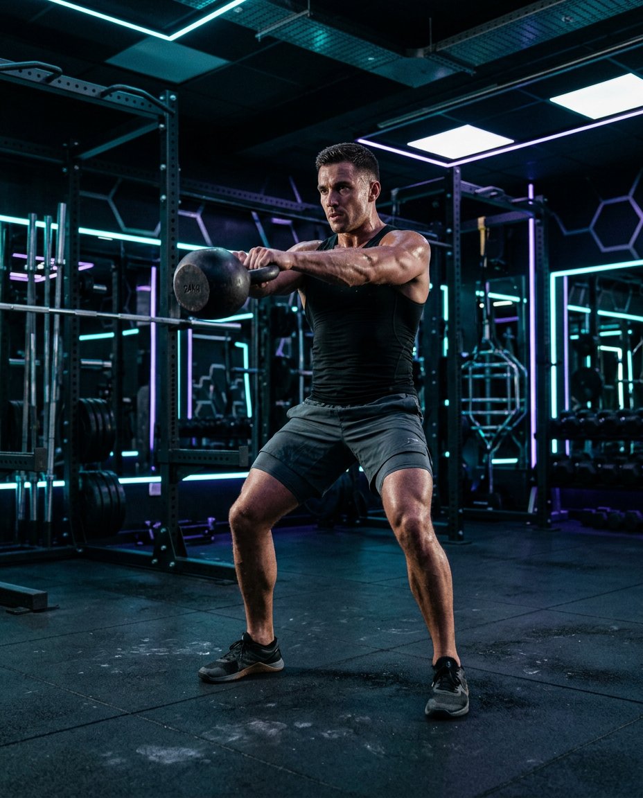 Athlete training with a kettlebell in a performance gym